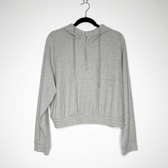 NWOT Zella Half Zip Ribbed Hoodie Women's Elastic Waist Light Gray Size L - Picture 3 of 8